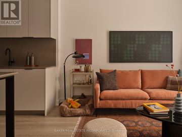 Toronto (Waterfront Communities) condo for rent - A living room with a brown couch and a painting on the wall.