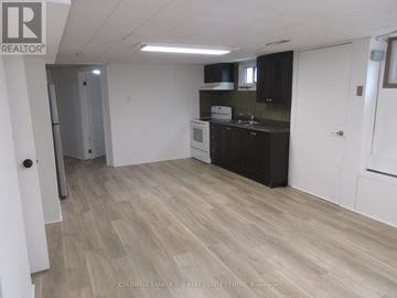 Toronto (Pleasant View) apartment for rent - A kitchen with black cabinets and a white fridge.
