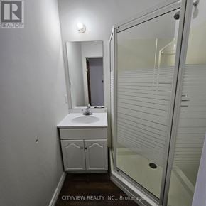 Toronto (Moss Park) apartment for rent - A white bathroom with a sink, mirror, and shower.
