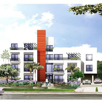 Los Angeles apartment for rent - A modern multi-story building with a red and white facade and balconies.