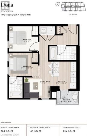 Waterloo condo for rent - A floor plan for a two-bedroom, two bathroom apartment with a living area of 754 square feet.