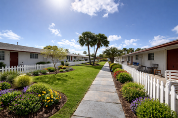 Lake Park apartment for rent - A sunny day in a residential area with a white picket fence and colorful flower beds.
