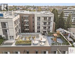Vancouver apartment for rent - A rooftop garden is surrounded by apartment buildings.