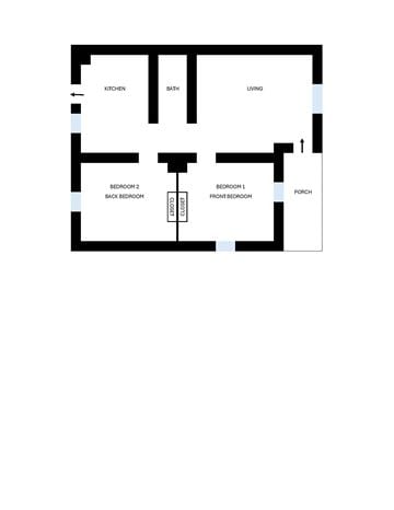 Houston apartment for rent - A floor plan of a house with a living room, two bedrooms, a bathroom, a kitchen, and a porch.