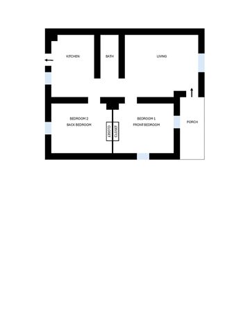 Houston apartment for rent - A floor plan of a house with a living room, two bedrooms, a bathroom, a kitchen, and a porch.