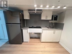 Toronto (South Riverdale) apartment for rent - A kitchen with a black fridge, white cabinets, and a black countertop.