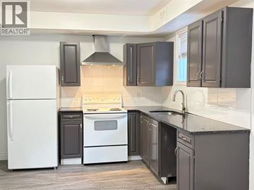Windsor apartment for rent - A kitchen with a white refrigerator and black cabinets.