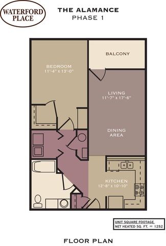 Floor plan for 1 bed, 1 bath, 805 sqft