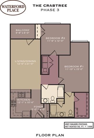 Floor plan for 2 beds, 2 baths, 1063 sqft