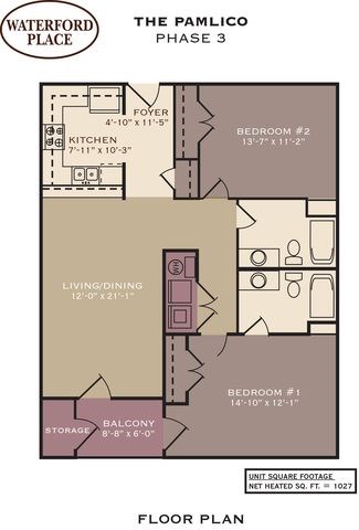 Floor plan for 2 beds, 2 baths, 1027 sqft