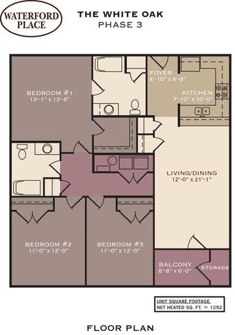 Floor plan for 3 beds, 2 baths, 1252 sqft