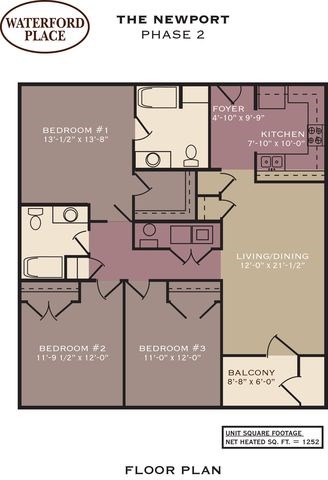 Floor plan for 3 beds, 2 baths, 1252 sqft