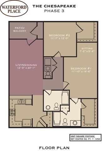 Floor plan for 2 beds, 2 baths, 1101 sqft