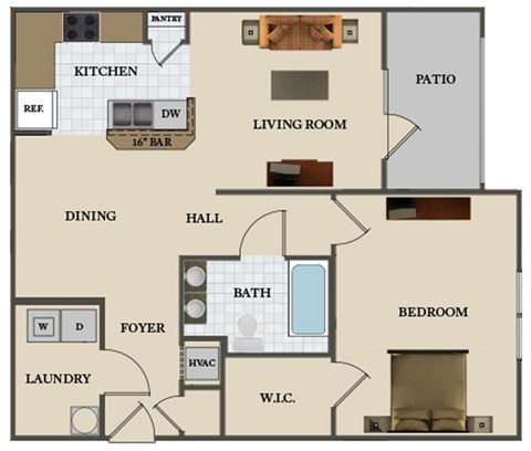 Floor plan for 1 bed, 1 bath, 914 sqft
