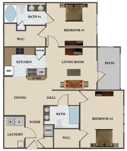 Floor plan for 2 beds, 2 baths, 1267 sqft