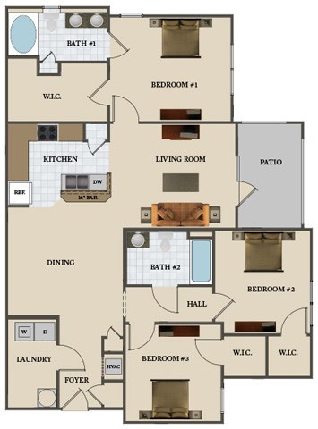 Floor plan for 3 beds, 2 baths, 1469 sqft