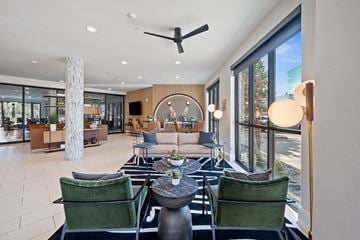 Austin apartment for rent - A modern living room with a green sofa set and a large window.