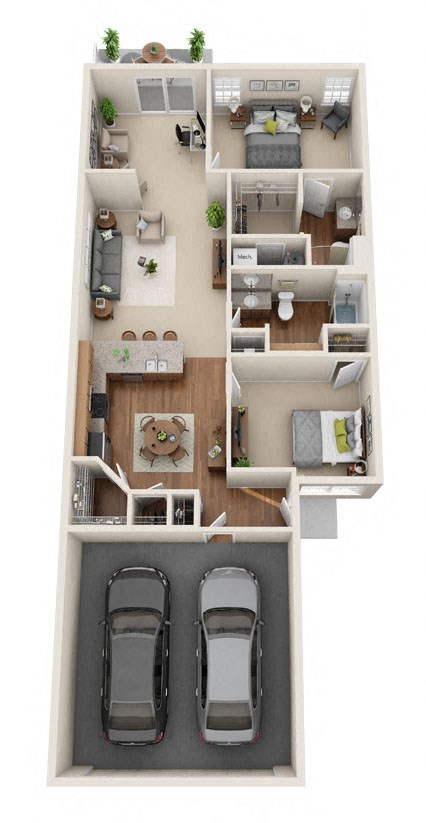 Floor plan for 2 beds, 2 baths, 1294 sqft