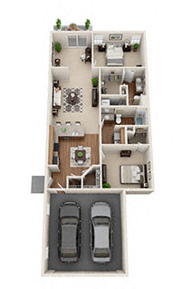 Floor plan for 2 beds, 2 baths, 1327 sqft