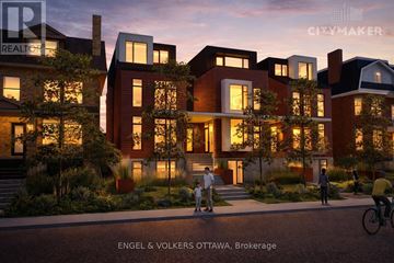 Ottawa apartment for rent - A modern residential building with people walking and cycling in front.