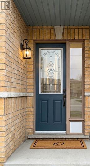 Tillsonburg townhouse for rent - A blue door with a glass window and a metal handle.