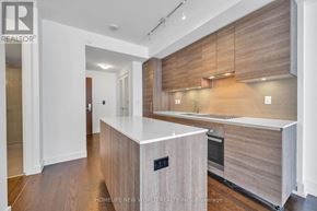 Toronto (Annex) condo for rent - A modern kitchen with wooden cabinets and a white countertop.
