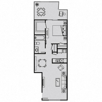 Floor plan for 1 bed, 1 bath, 605 sqft
