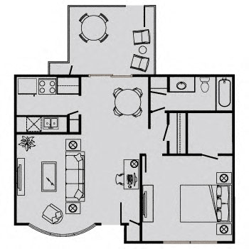 Floor plan for 1 bed, 1 bath, 680 sqft