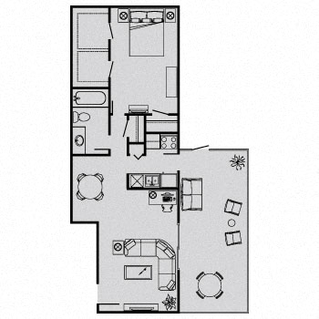Floor plan for 1 bed, 1 bath, 725 sqft