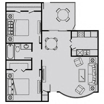 Floor plan for 2 beds, 1 bath, 815 sqft