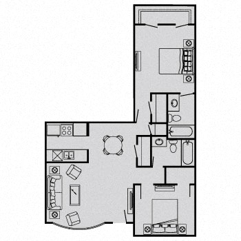 Floor plan for 2 beds, 2 baths, 995 sqft