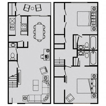 Floor plan for 2 beds, 2.5 baths, 1100 sqft