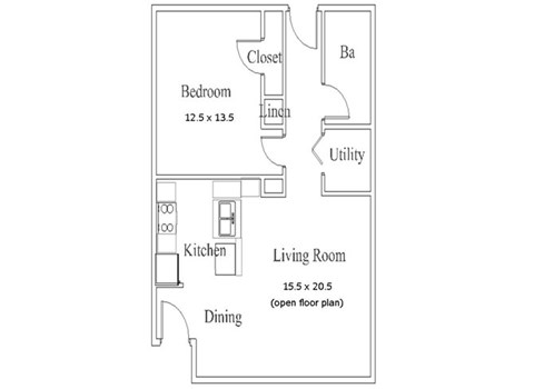 Floor plan for 1 bed, 1 bath, 711 sqft