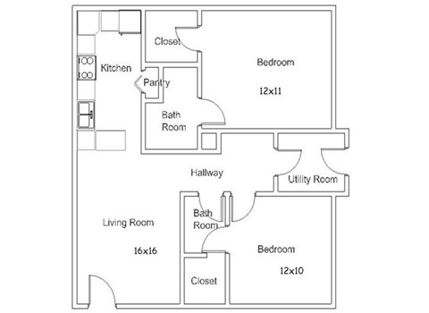 Floor plan for 2 beds, 2 baths, 928 sqft
