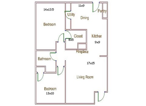Floor plan for 2 beds, 1 bath, 1030 sqft