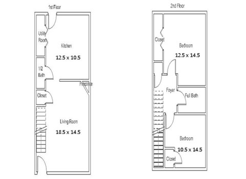 Floor plan for 2 beds, 1.5 baths, 1232 sqft