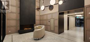 Oakville (Go Glenorchy) condo for rent - A modern living room with a fireplace and a chair.