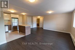 St. Catharines (Vine/Linwell) multi-family for rent - A spacious room with wooden flooring and white walls, with a kitchen area visible in the background.