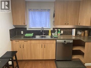 Vancouver apartment for rent - A kitchen with wooden cabinets and a black dishwasher.