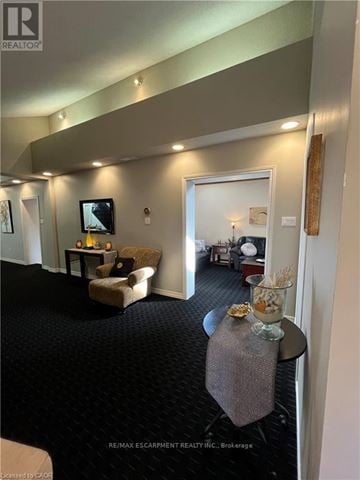 Hamilton (Dundas) apartment for rent - A living room with a grey carpet and a black wall.