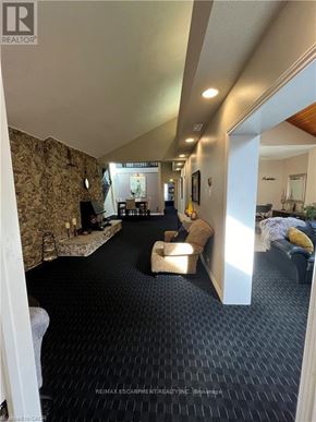 Hamilton (Dundas) apartment for rent - A living room with a stone wall and a black carpet.