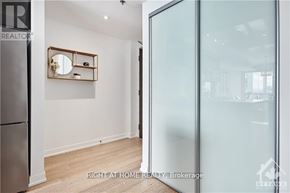 Ottawa condo for rent - A glass door separates a white room with a wooden floor and a mirrored shelf from a brightly lit space.