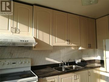Toronto (Mimico) apartment for rent - A kitchen with a white stove and beige cabinets.
