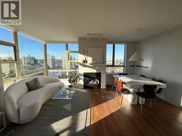 Vancouver apartment for rent - A living room with a white couch and a fireplace.