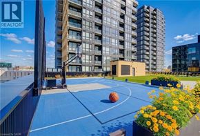 Kitchener condo for rent - A basketball court on a rooftop with a basketball and a hoop.