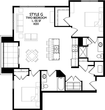 Mt Horeb apartment for rent - A black and white image of a two bedroom apartment layout.