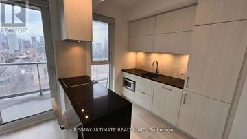 Toronto (Waterfront Communities) condo for rent - A modern kitchen with white cabinets and a black countertop.