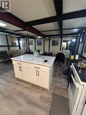 Hamilton apartment for rent - A kitchen with a marble countertop and wooden flooring.