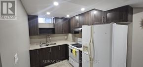 Markham (Box Grove) apartment for rent - A kitchen with a white refrigerator and dark brown cabinets.