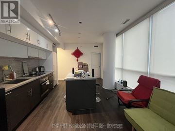 Toronto (Waterfront Communities) condo for rent - A modern kitchen with dark wood floors and a green sofa.